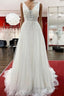 White Tulle Lace Wedding Dress A Line V Neck Bridal Dresses With Sweep Train Sleeveless Floor Length