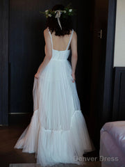 White Tulle Long A-Line Prom Dress, White Floor Length Evening Formal Dress