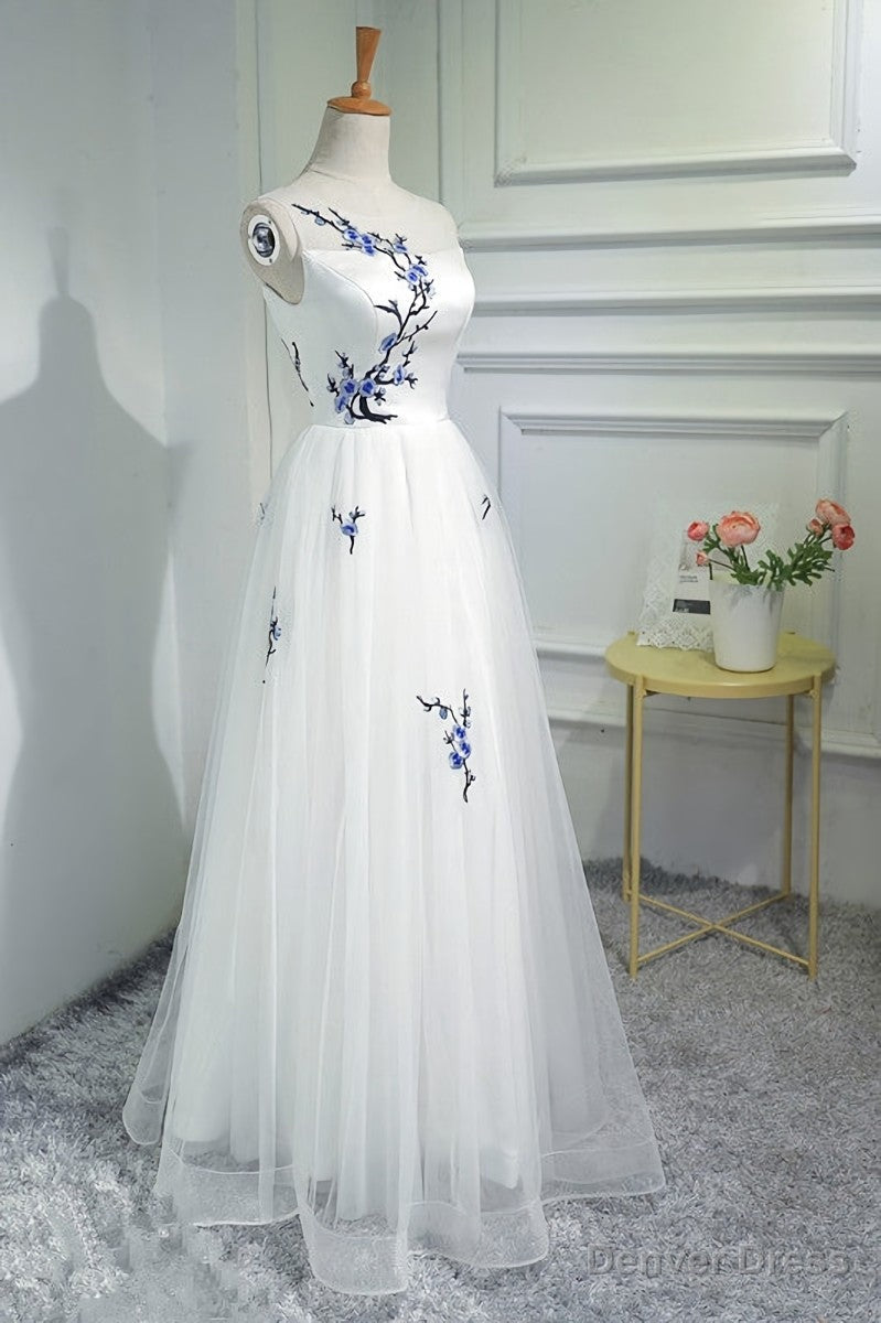 White Tulle Long A-line Prom Dress, White Graduation Dress Main image