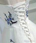 White Tulle Long A Line Prom Dress, White Graduation Dresses