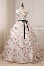 White Tulle Long A Line Prom Dress, White V Neck Prom Dresses
