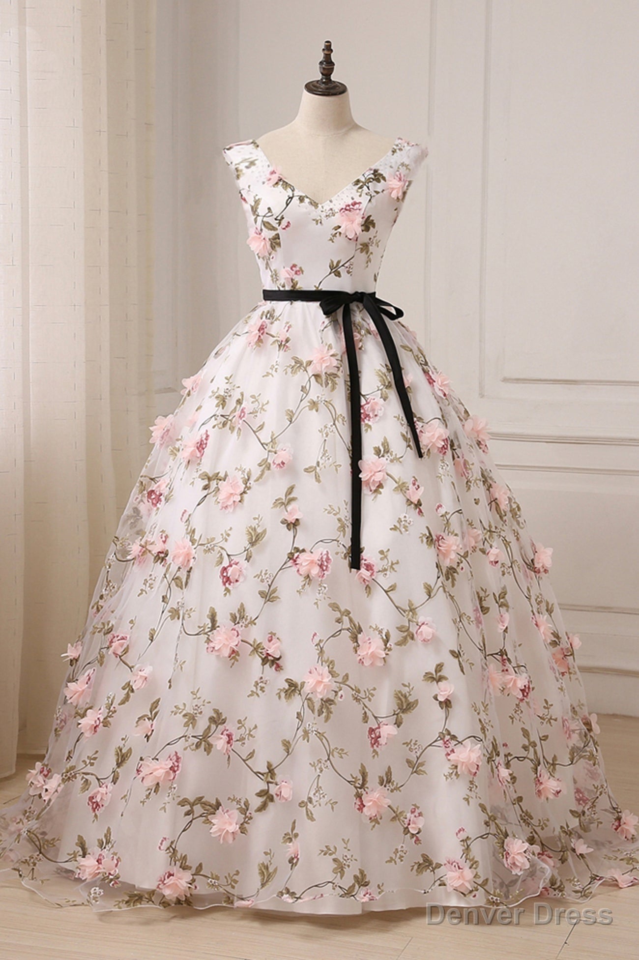 White Tulle Long A Line Prom Dress, White V Neck Prom Dresses