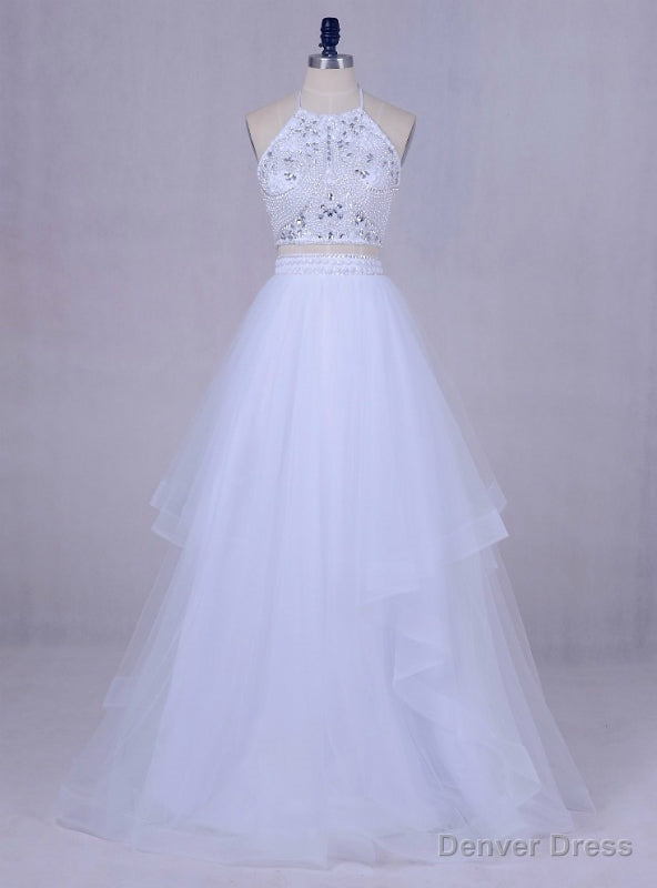 White Tulle Long Graduation Beading Halter Backless 2 Piece Prom Dress Main image