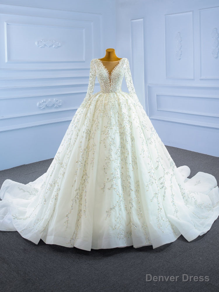 White Tulle Long Sleeve Beading Sequins Wedding Dress Main image