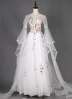 White Tulle Long Sleeves A-Line Wedding Party Dresses, White Tulle Prom Dresses