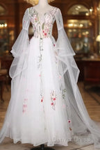 White Tulle Long Sleeves A-Line Wedding Party Dresses, White Tulle Prom Dresses