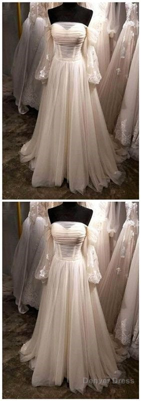 White Tulle Off Shoulder Long Sleeve See Through A-Line Wedding Dress, Long Prom Dresses