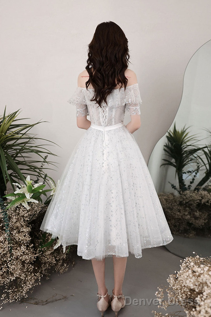 White Tulle Off Shoulder Sequin Short Prom Dress White Homecoming Dres