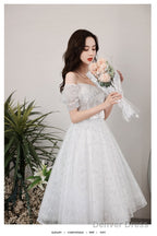 White Tulle Off Shoulder Sequin Short Prom Dress White Homecoming Dress