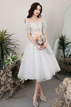White Tulle Off Shoulder Sequin Short Prom Dress White Homecoming Dress