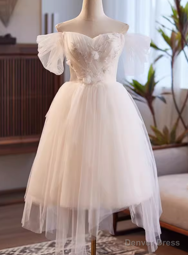 White Tulle Off the Shoulder Flower Pleats Wedding Dress Main image