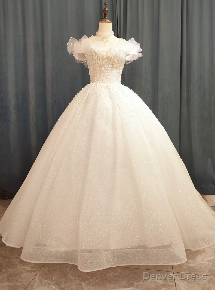 White Tulle Off the Shoulder Pearls Wedding Dress Main image
