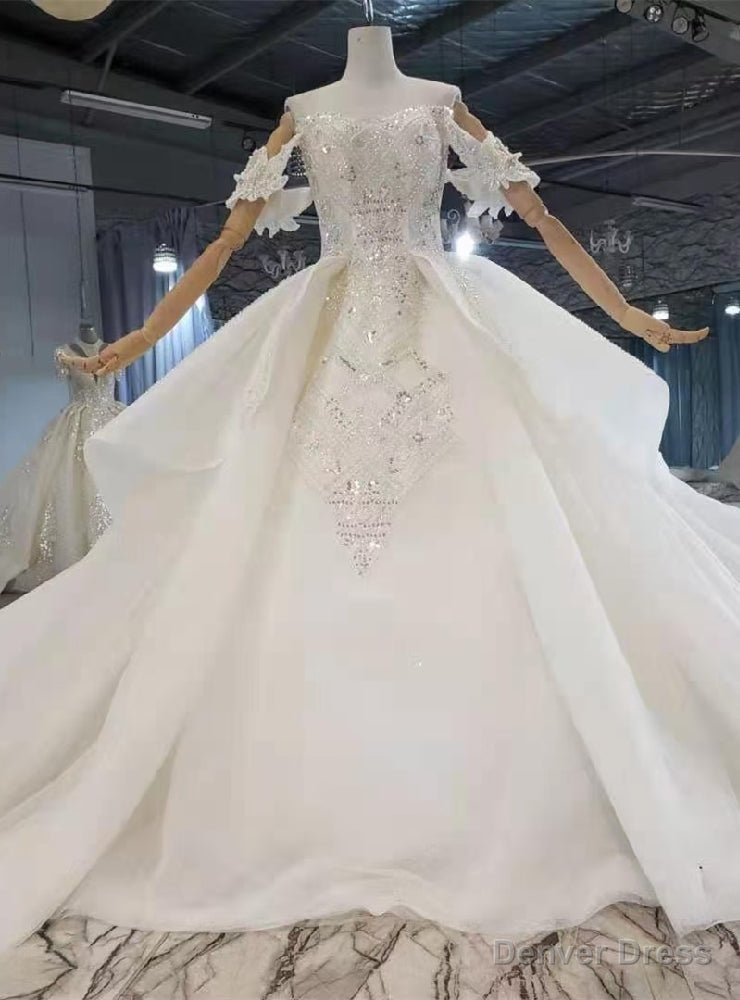 White Tulle Off the Shoulder Sequins Beading Wedding Dress Main image