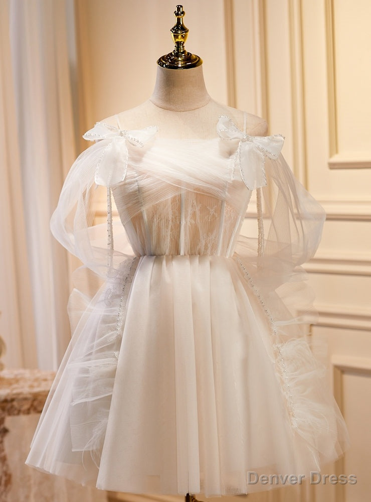 White Tulle Pearls Bow Homecoming Dress Main image