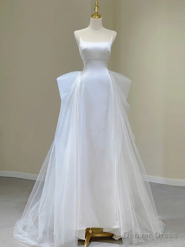 White Tulle Satin Spaghetti Straps Wedding Dresses Main image