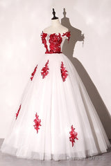 White Tulle Scoop Long Formal Dress With Red Lace, Lovely Red Formal Dress Prom Dress