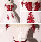 White Tulle Scoop Long Formal Dresses With Red Lace, Lovely Red Formal Dresses Prom Dresses