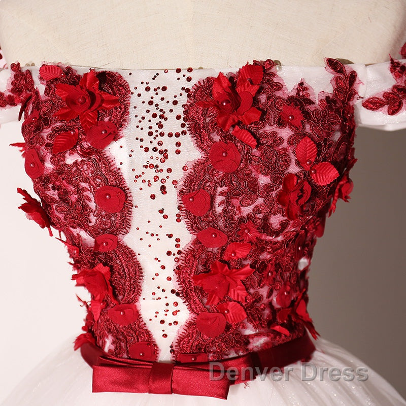 White Tulle Scoop Long Formal Dresses With Red Lace, Lovely Red Formal Dresses Prom Dresses