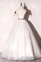 White Tulle Scoop Long Formal Dresses With Red Lace, Lovely Red Formal Dresses Prom Dresses