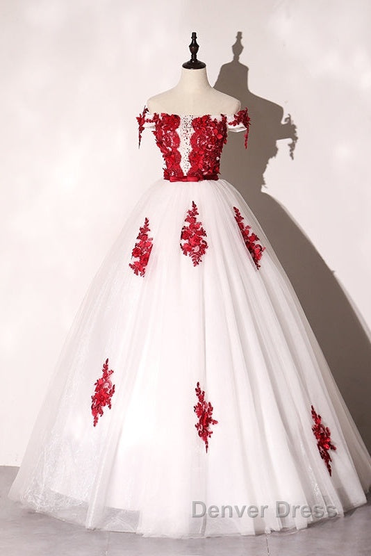 White Tulle Scoop Long Formal Dresses With Red Lace, Lovely Red Formal Dresses Prom Dresses