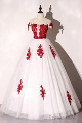 White Tulle Scoop Long Formal Dress With Red Lace, Lovely Red Formal Dress Prom Dress