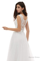 White Tulle Scoop Neck Lace Appliques Beading Wedding Dresses
