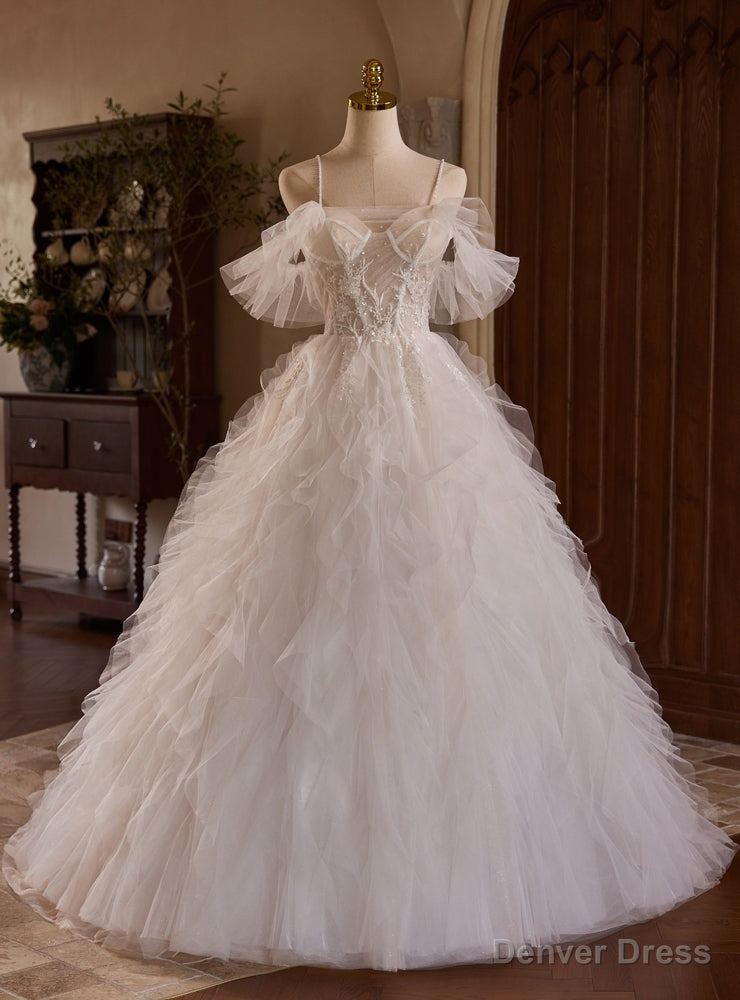 White Tulle See Through Top Spaghetti Straps Appliques Wedding Dress