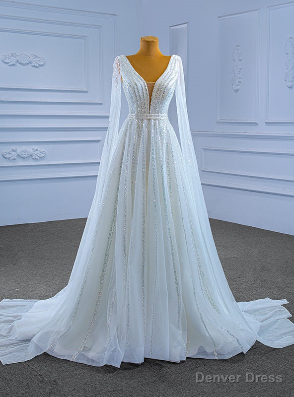White Tulle See Through V-neck Beading Sequins Wedding Dress Main image