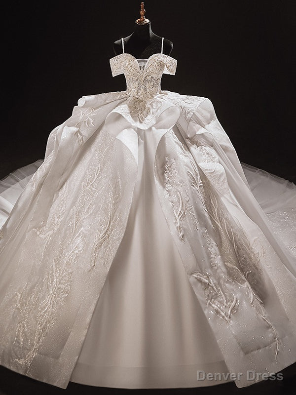 White Tulle Sequins Beading Appliques Spaghetti Straps Wedding Dress Main image