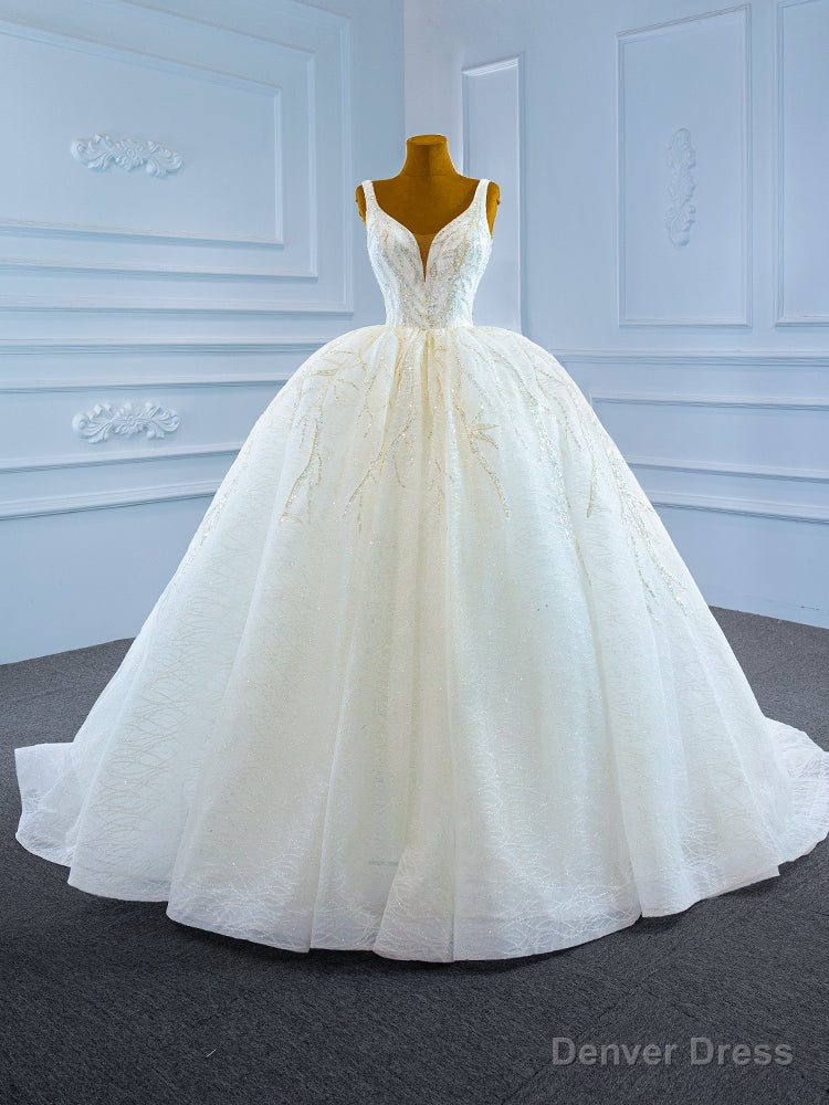 White Tulle Sequins Beading V-neck Wedding Dress Main image