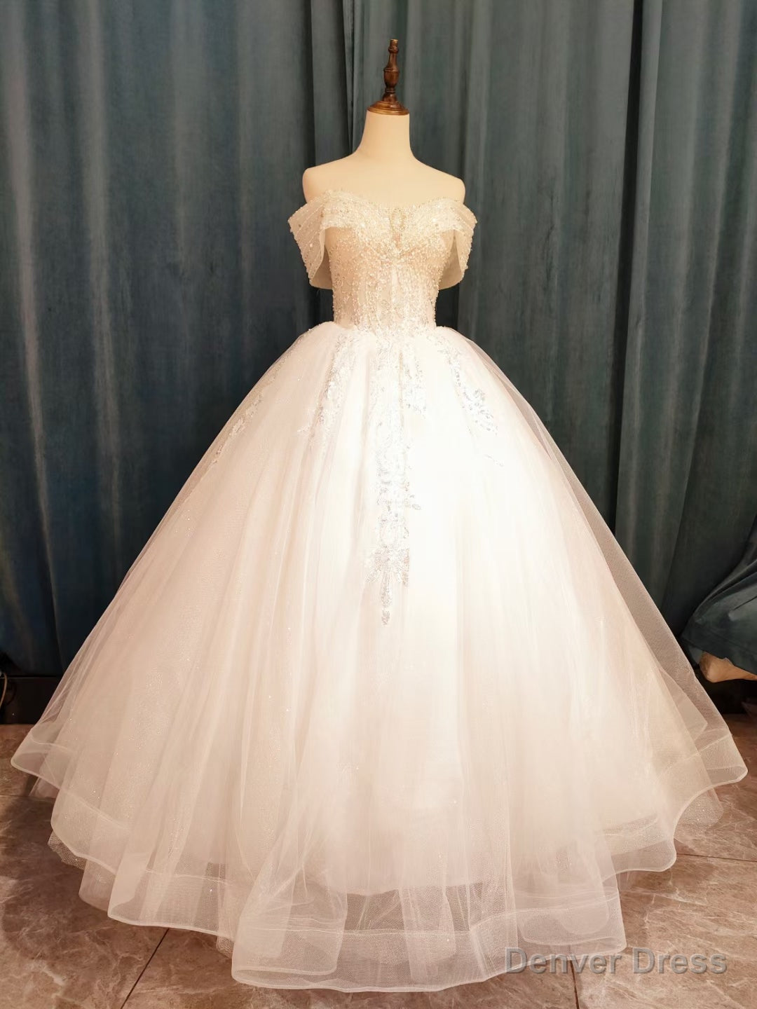 White Tulle Sequins Off the Shoulder Pearls Floor Length Wedding Dresses