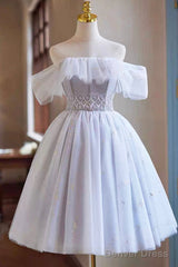 White Tulle Sequins Short Prom Dress, A-Line Off The Shoulder Evening Party Dress