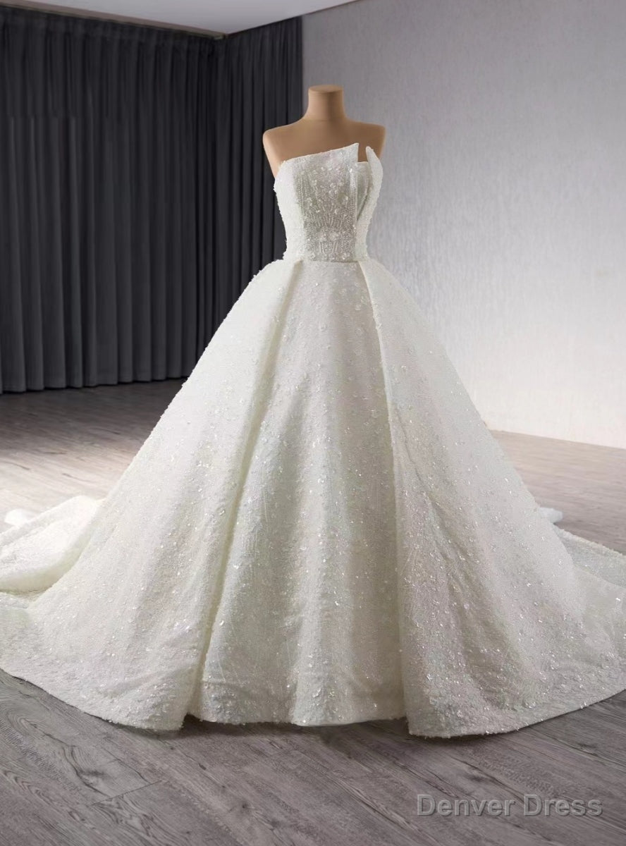 White Tulle Sequins Strapless Wedding Dress With Train Main image