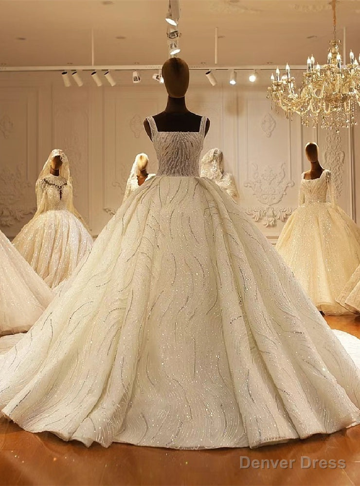 White Tulle Sequins Straps Wedding Dress Main image