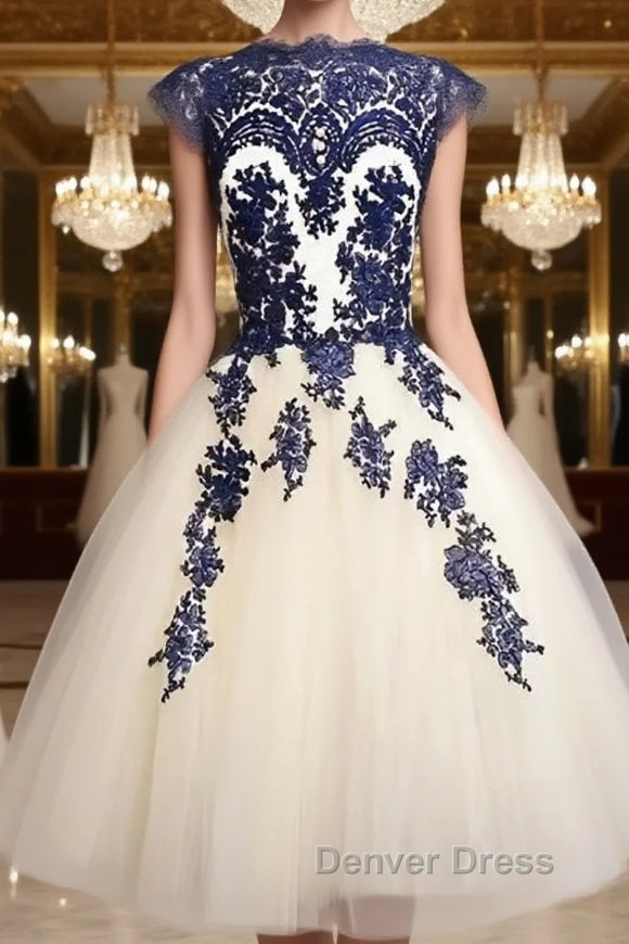 White Tulle Short Navy Blue Lace Prom Dress, Short Blue Lace Homecoming Dresses Main image