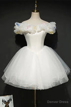 White Tulle Short Off Shoulder Homecoming Dress, White Graduation Dress