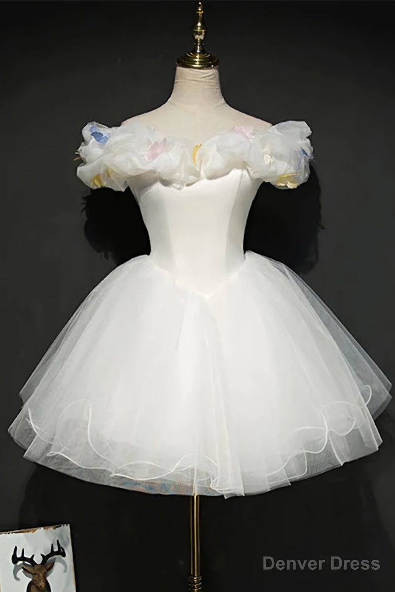 White Tulle Short Off Shoulder Homecoming Dress, White Graduation Dresses Main image