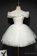 White Tulle Short Off Shoulder Homecoming Dress, White Graduation Dresses