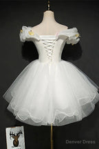 White Tulle Short Off Shoulder Homecoming Dress, White Graduation Dress