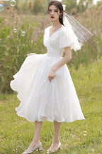 White Organza Short Prom Dress, A Line Short Wedding Dresses