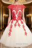 White Tulle Short Red Lace Prom Dress, Short Red Lace Homecoming Dresses