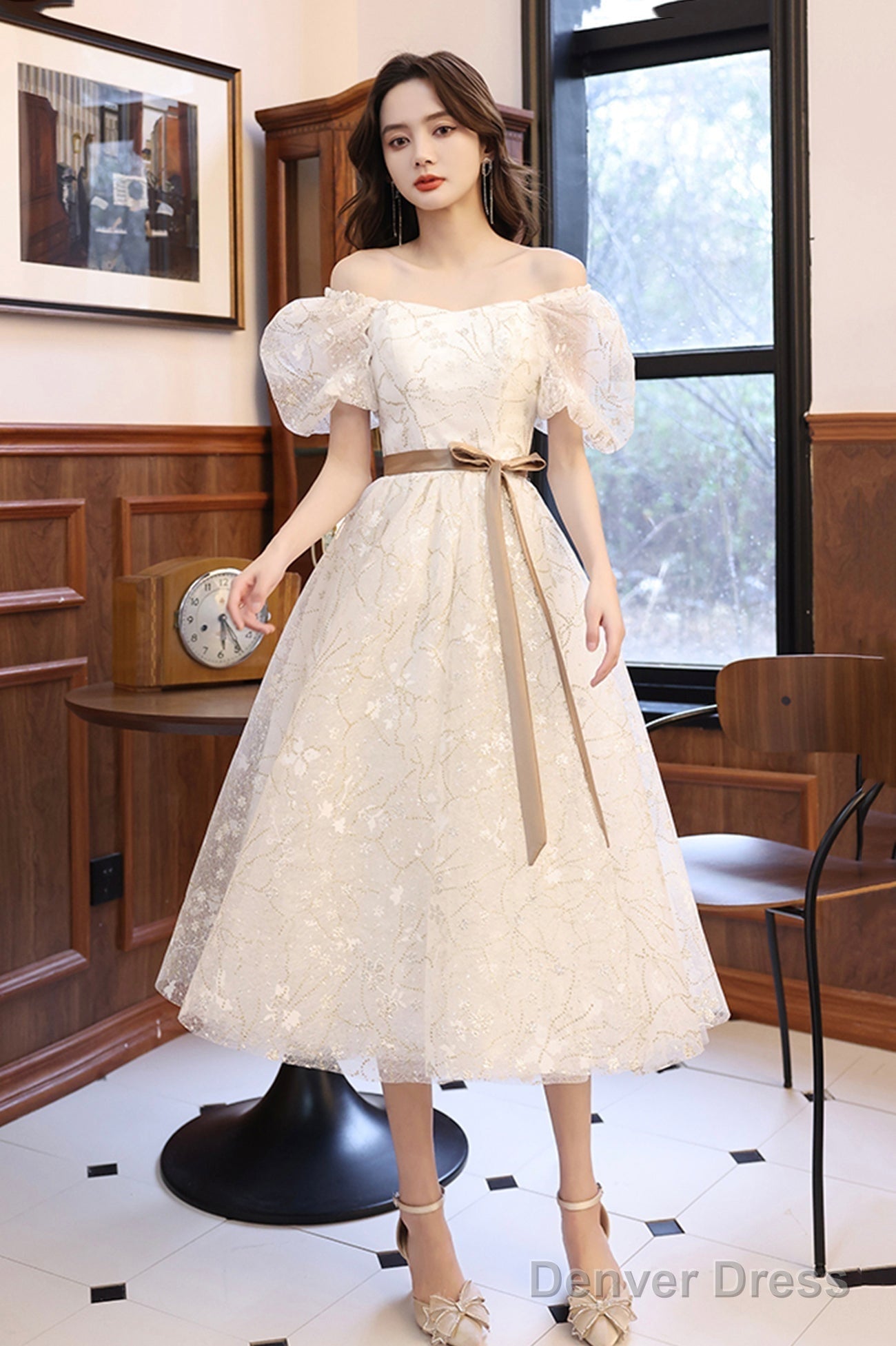 White Tulle Short Sleeve Prom Dress, Cute A Line Prom Homecoming Dresses
