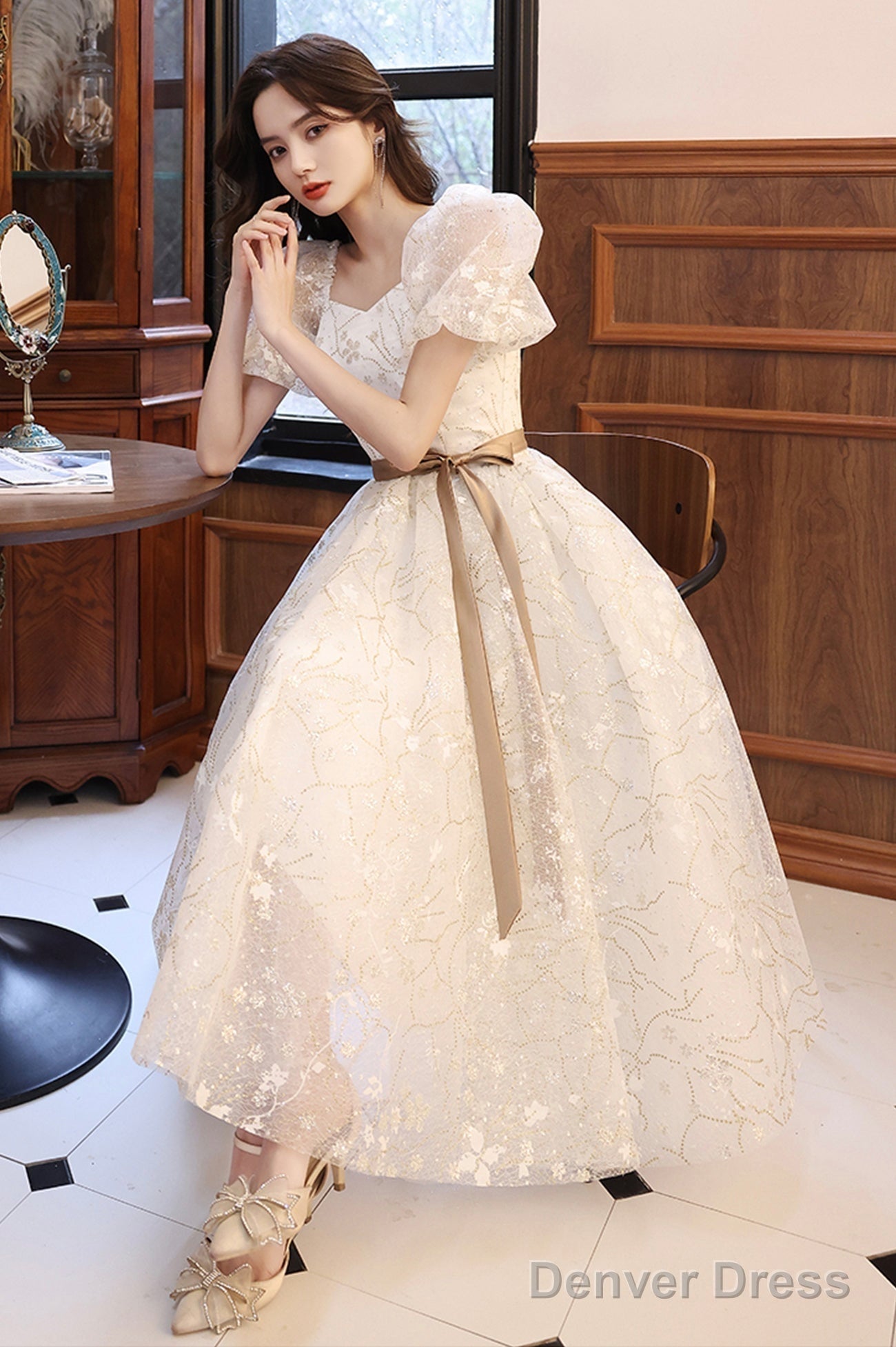 White Tulle Short Sleeve Prom Dress, Cute A Line Prom Homecoming Dresses