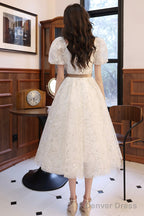 White Tulle Short Sleeve Prom Dress, Cute A-Line Party Homecoming Dress
