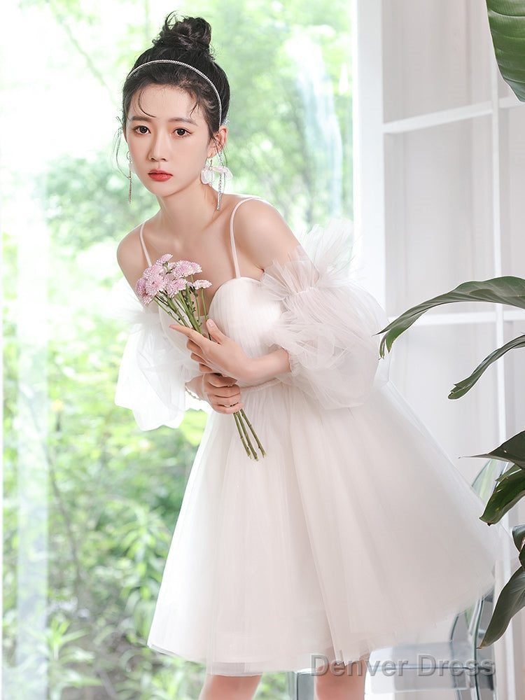 White Tulle Short Sleeves Homecoming Dress, White Prom Dress Graduation Dresses