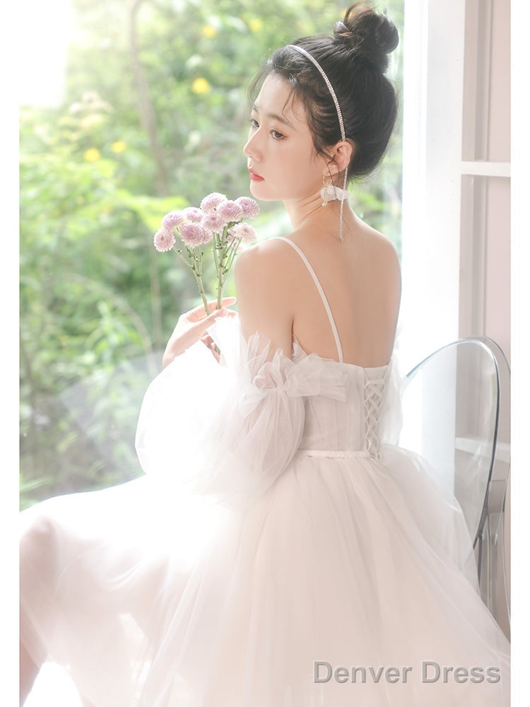White Tulle Short Sleeves Homecoming Dress, White Prom Dress Graduation Dresses