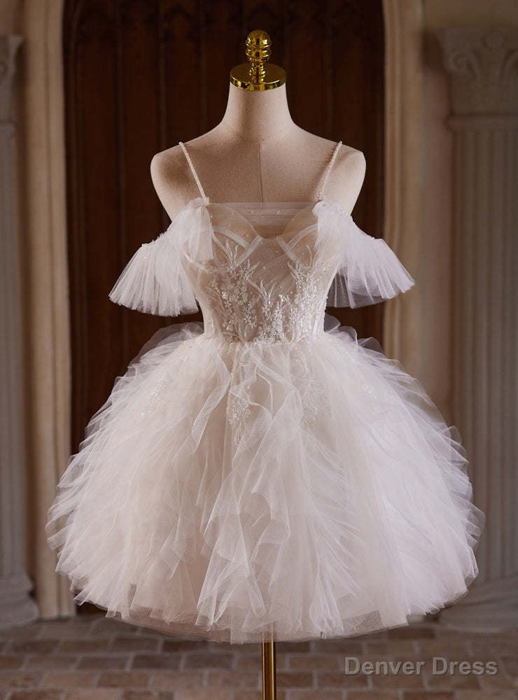 White Tulle Spaghetti Straps Appliques Homecoming Dresses Main image