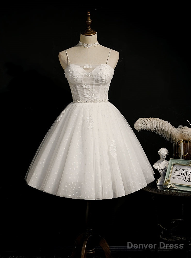 White Tulle Spaghetti Straps Beading Homecoming Dresses Main image