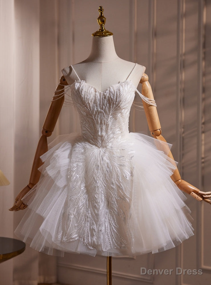 White Tulle Spaghetti Straps Beading Short Wedding Dresses Main image