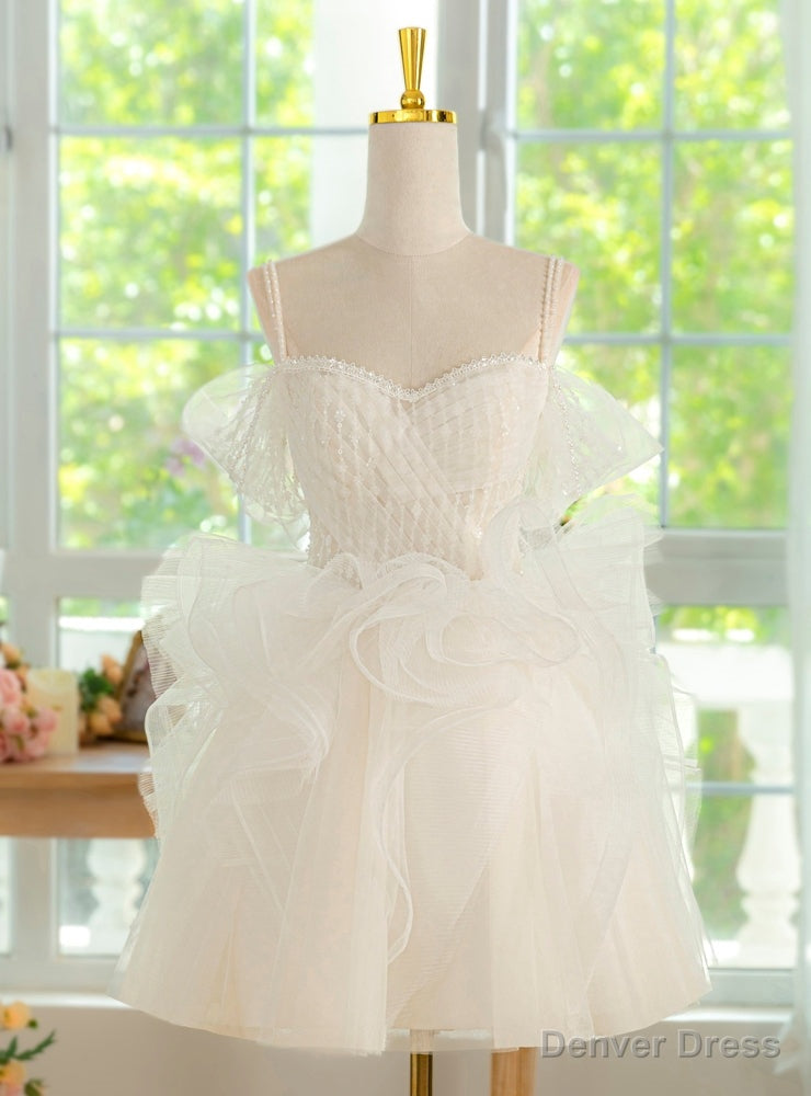 White Tulle Spaghetti Straps Pearls Pleats Homecoming Dress Main image